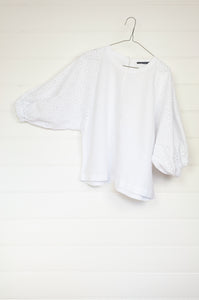Valia made in Australia white linen top with full gathered cotton broderie sleeves.