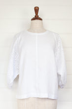 Load image into Gallery viewer, Valia made in Australia white linen top with full gathered cotton broderie sleeves.