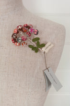 Load image into Gallery viewer, Sophie Digard hand made embroidered and crocheted linen flower brooch in light aqua, pinks and reds.