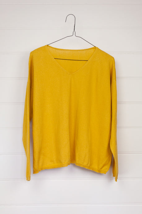 One size V-neck slouchy cashmere cotton summer sweater in buttercup yellow..