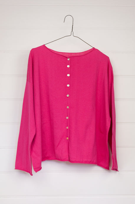 One size V-neck slouchy cashmere cotton summer reversible cardigan in bright rose pink.