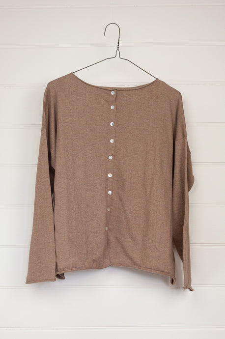 One size V-neck slouchy cashmere cotton summer reversible cardigan in soft nutmeg brown.