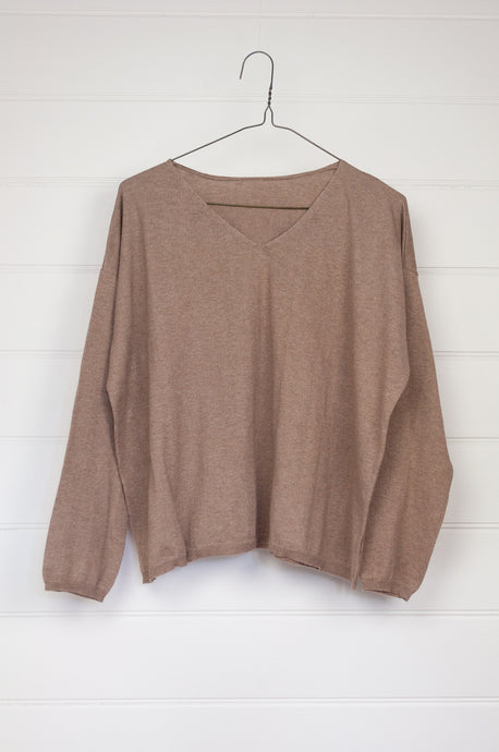 One size V-neck slouchy cashmere cotton summer sweater in soft nutmeg brown.