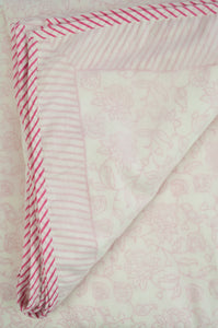 Summer quilt dohar lightweight muslin cotton voile quilt, block printed three layers, rose pink floral print on white with striped border.