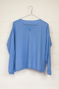 One size V-neck slouchy cashmere cotton summer sweater in sky blue.