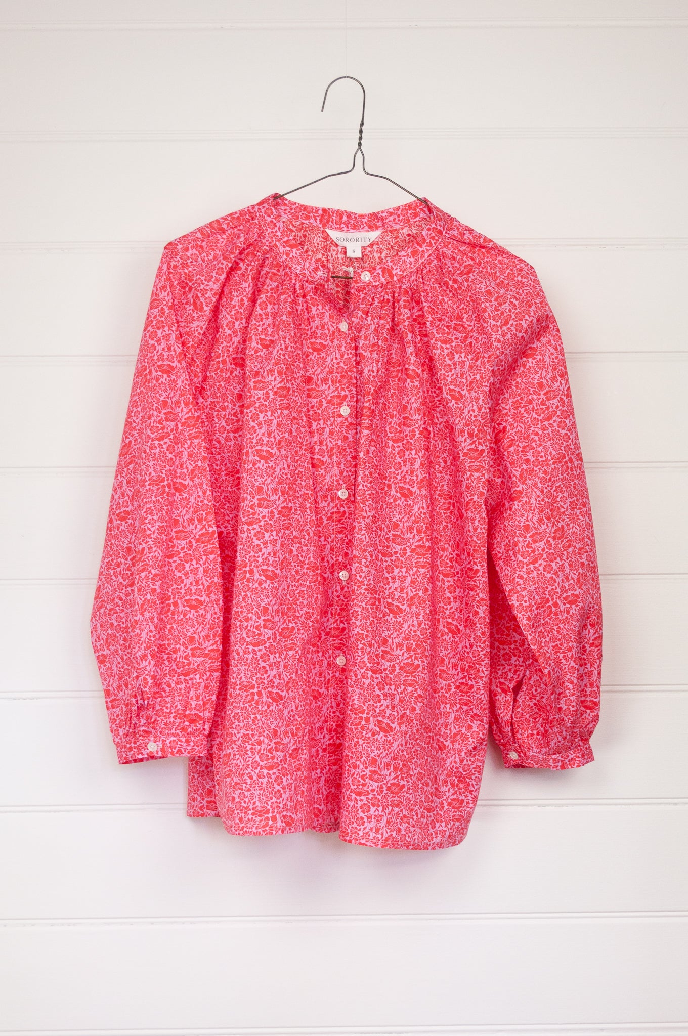 Sorority Liberty tana lawn gathered neck loose fit blouse in Poppy Day pink and red floral print.
