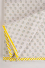 Load image into Gallery viewer, Baby dohar lightweight three layered baby wrap cot quilt, cotton muslin block printed, lemon yellow rose bud pattern.