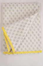 Load image into Gallery viewer, Baby dohar lightweight three layered baby wrap cot quilt, cotton muslin block printed, lemon yellow rose bud pattern.