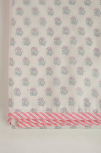 Baby dohar lightweight three layered baby wrap cot quilt, cotton muslin block printed, pink rose bud pattern.