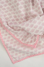 Load image into Gallery viewer, Summer baby quilt dohar lightweight muslin cotton voile quilt, block printed three layers, tiny pink elephants on white with striped border.
