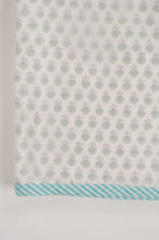 Load image into Gallery viewer, Baby dohar lightweight three layered baby wrap cot quilt, cotton muslin block printed, aqua and green bud pattern.
