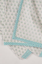 Load image into Gallery viewer, Baby dohar lightweight three layered baby wrap cot quilt, cotton muslin block printed, aqua and green sprig pattern.
