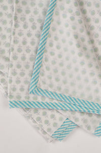 Baby dohar lightweight three layered baby wrap cot quilt, cotton muslin block printed, aqua and green sprig pattern.