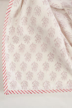 Load image into Gallery viewer, Baby dohar lightweight three layered baby wrap cot quilt, cotton muslin block printed, raspberry red sprig pattern.