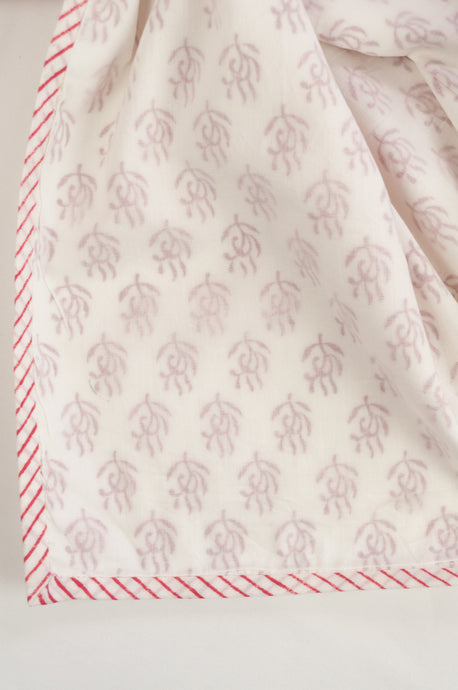 Baby dohar lightweight three layered baby wrap cot quilt, cotton muslin block printed, raspberry red sprig pattern.