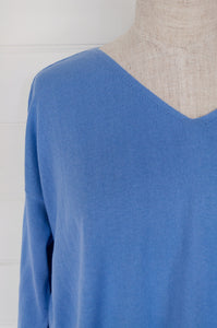 One size V-neck slouchy cashmere cotton summer sweater in sky blue.