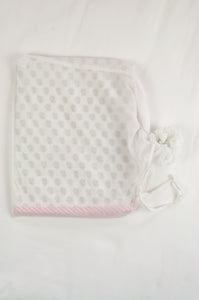 Baby dohar lightweight three layered baby wrap cot quilt, cotton muslin block printed, pink rose bud pattern.