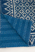 Load image into Gallery viewer, Block printed in indigo, blue and white kantha quilt hand made in Jaipur, featuring two tone checks and crosses pattern and decorative border.