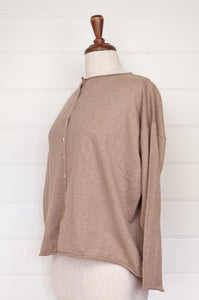 One size V-neck slouchy cashmere cotton summer reversible cardigan in soft nutmeg brown.