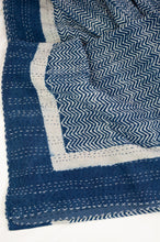 Load image into Gallery viewer, Block printed in indigo, blue and white kantha quilt hand made in Jaipur, featuring chevron pattern and plain blue and white border.