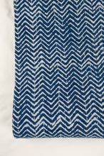 Load image into Gallery viewer, Block printed in indigo, blue and white kantha quilt hand made in Jaipur, featuring chevron pattern and plain blue and white border.