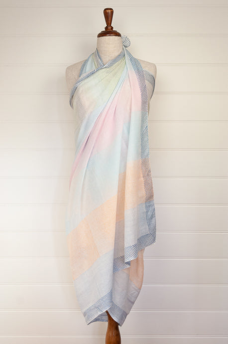 JH cotton voile sarong wrap scarf in teal floral with highlights in coral.