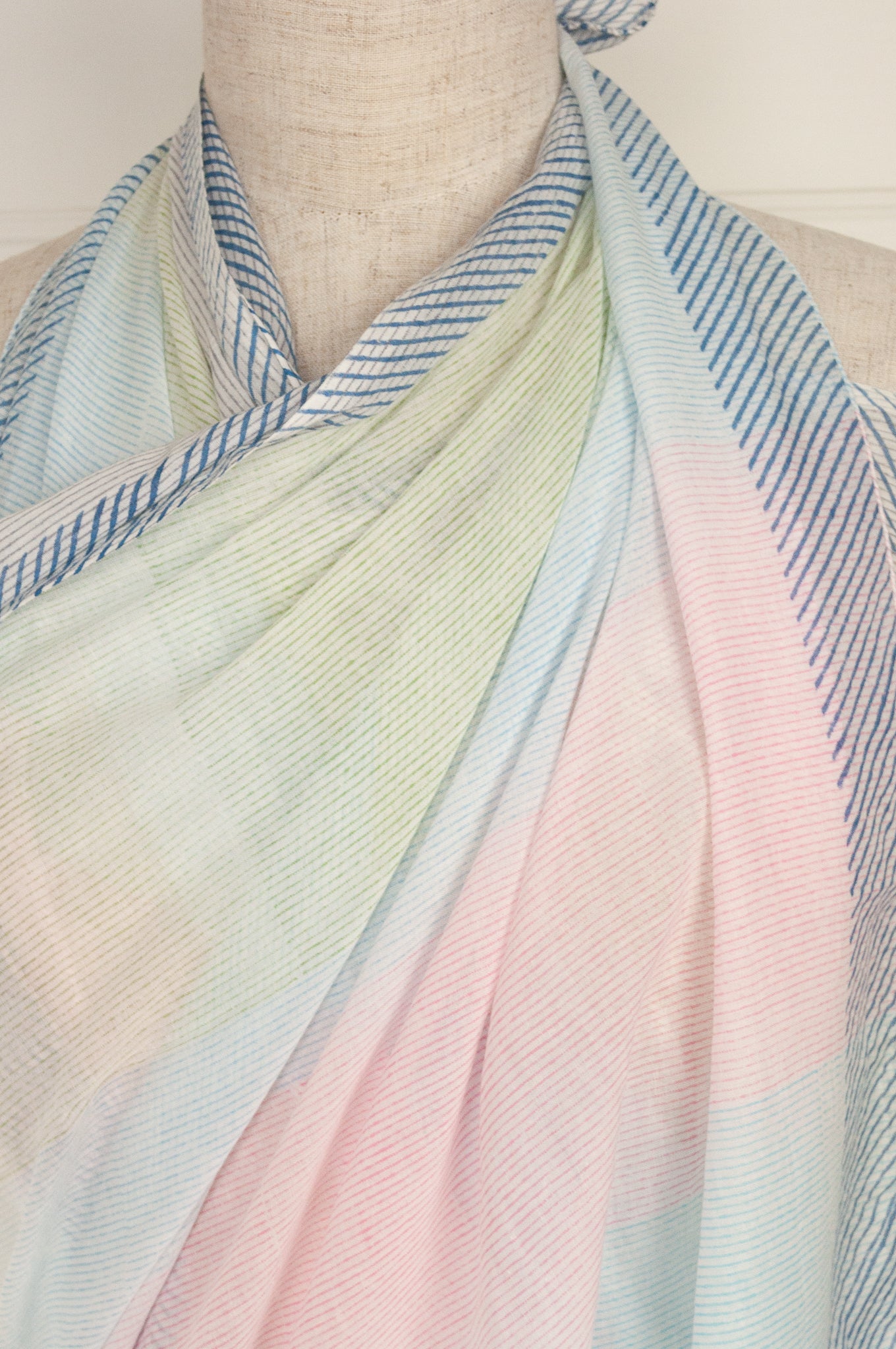JH cotton voile sarong wrap scarf in teal floral with highlights in coral.