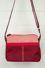 Load image into Gallery viewer, Anna Kaszer Paris Presto bag in Malva, compact size with flat base, red and ecru print print trim on deep red body, adjustable cross border shoulder strap.