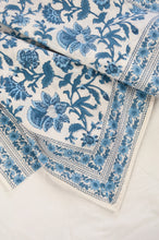 Load image into Gallery viewer, Cotton tablecloth, blockprinted by hand exclusively for Juniper Hearth, Mina floral in shades of denim blue on white.