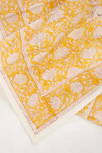 Load image into Gallery viewer, Cotton tablecloth, blockprinted by hand exclusively for Juniper Hearth, Sara floral in white on honey yellow.