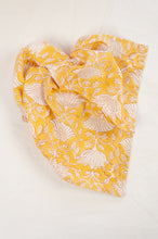 Load image into Gallery viewer, Cotton table napkins, blockprinted by hand exclusively for Juniper Hearth, Sara floral in white on honey yellow.