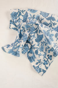 Cotton table napkins, blockprinted by hand exclusively for Juniper Hearth, Mina floral in shades of denim blue on white.