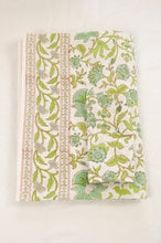 Load image into Gallery viewer, Cotton table cloth, blockprinted by hand exclusively for Juniper Hearth, Mina floral in turquoise and lime green on white.