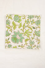 Load image into Gallery viewer, Cotton table napkins, blockprinted by hand exclusively for Juniper Hearth, Mina floral in turquoise and lime green on white.