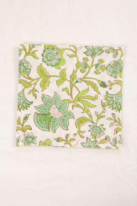 Cotton table napkins, blockprinted by hand exclusively for Juniper Hearth, Mina floral in turquoise and lime green on white.