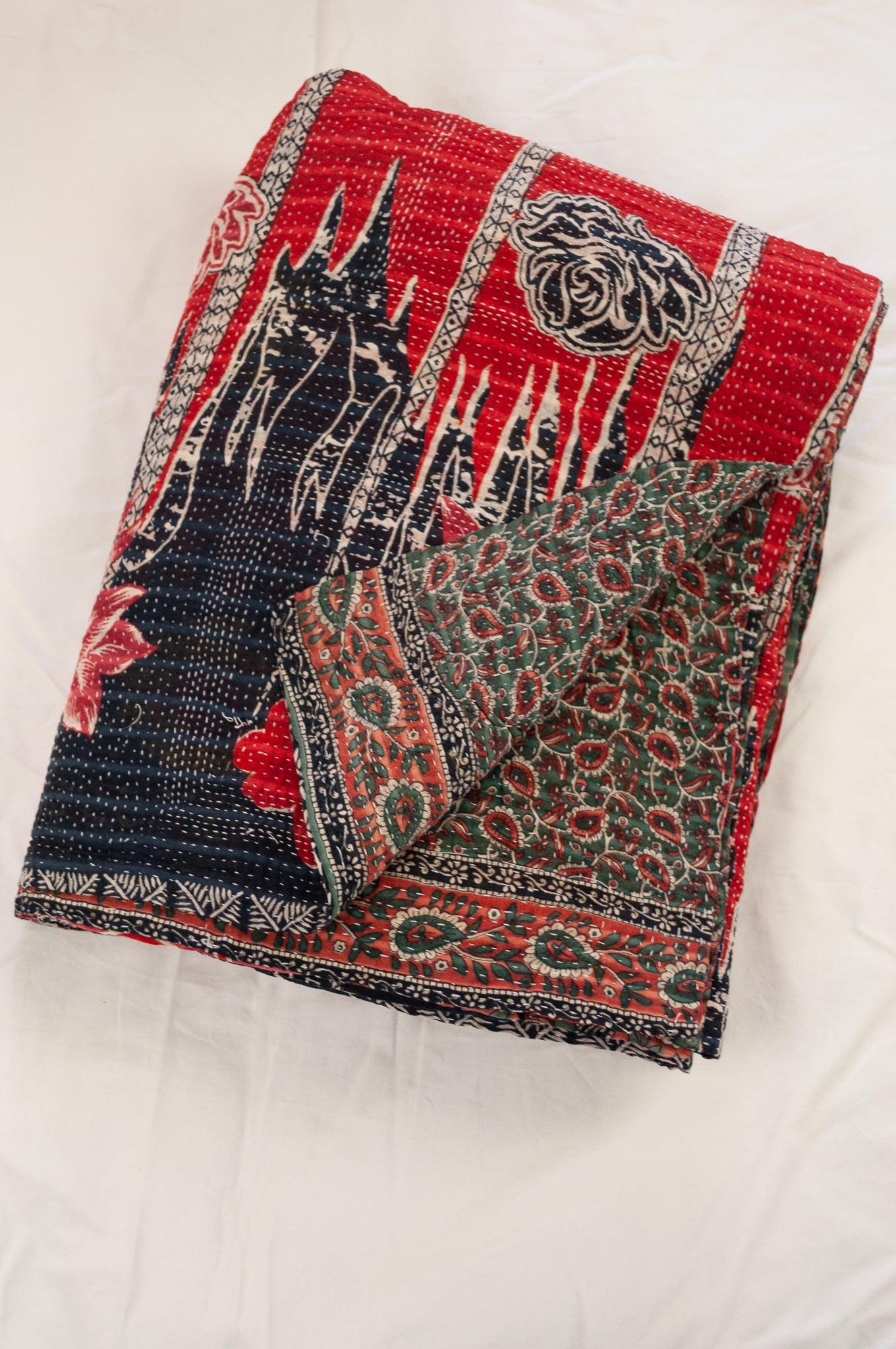 Vintage kantha quilt upcycled from cottonn saris, handstitched, in dramatic red white and blue floral with co-ordinating paisley in red white and soft green.