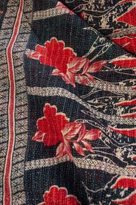 Vintage kantha quilt upcycled from cottonn saris, handstitched, in dramatic red white and blue floral with co-ordinating paisley in red white and soft green.