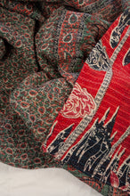 Load image into Gallery viewer, Vintage kantha quilt upcycled from cottonn saris, handstitched, in dramatic red white and blue floral with co-ordinating paisley in red white and soft green.