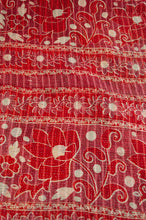 Load image into Gallery viewer, Vintage kantha quilt upcycled from cottonn saris, handstitched, in dramatic red white and blue floral with co-ordinating paisley in red white and soft green.