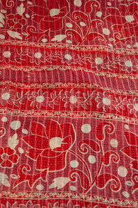 Vintage kantha quilt upcycled from cottonn saris, handstitched, in dramatic red white and blue floral with co-ordinating paisley in red white and soft green.