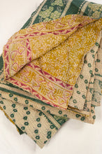 Load image into Gallery viewer, Vintage kantha quilt upcycled from cottonn saris, handstitched, in soft mustard yellow floral with magenta border, green and ecru floral on the reverse.
