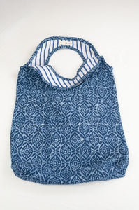 Juniper Hearth block print reusable rollable shopping eco bag, indigo floral pattern, co-ordinating striped lining.