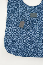 Load image into Gallery viewer, Juniper Hearth block print reusable rollable shopping eco bag, indigo floral pattern.