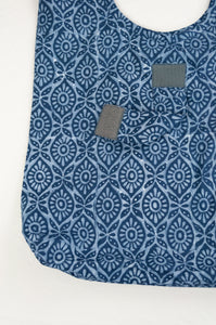 Juniper Hearth block print reusable rollable shopping eco bag, indigo floral pattern.