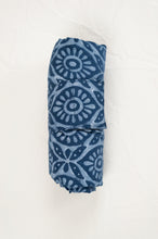 Load image into Gallery viewer, Juniper Hearth block print reusable rollable shopping eco bag, indigo floral pattern, rolled.