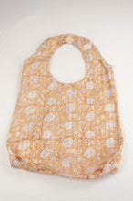 Load image into Gallery viewer, Juniper Hearth block print reusable rollable shopping eco bag, light mustard and white cornflower floral pattern.