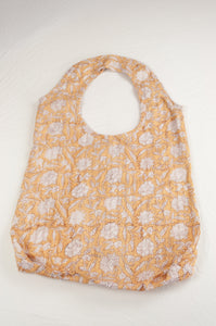 Juniper Hearth block print reusable rollable shopping eco bag, light mustard and white cornflower floral pattern.