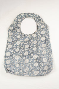 Juniper Hearth block print reusable rollable shopping eco bag, blue grey and white floral pattern.