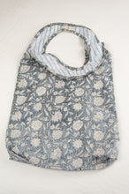 Load image into Gallery viewer, Juniper Hearth block print reusable rollable shopping eco bag, blue grey and white floral pattern.