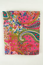 Load image into Gallery viewer, Handstitched cotton kantha quilt, a colourful paisley on a deep pink background, with highlights in lime, emerald, turquoise, white, and tan